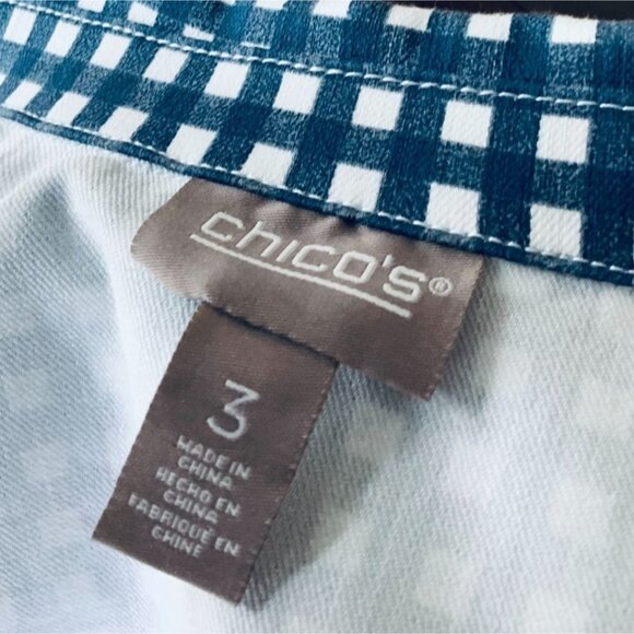 CHICO'S LADIES COLLARED BUTTON UP SHIRT JACKET BLUE WHITE PLAID POCKETS SIZE XL - Picture 3 of 7